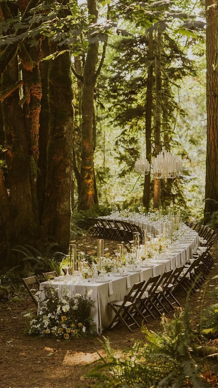 Curved wedding reception table with white linens and flowers in a wooded forest