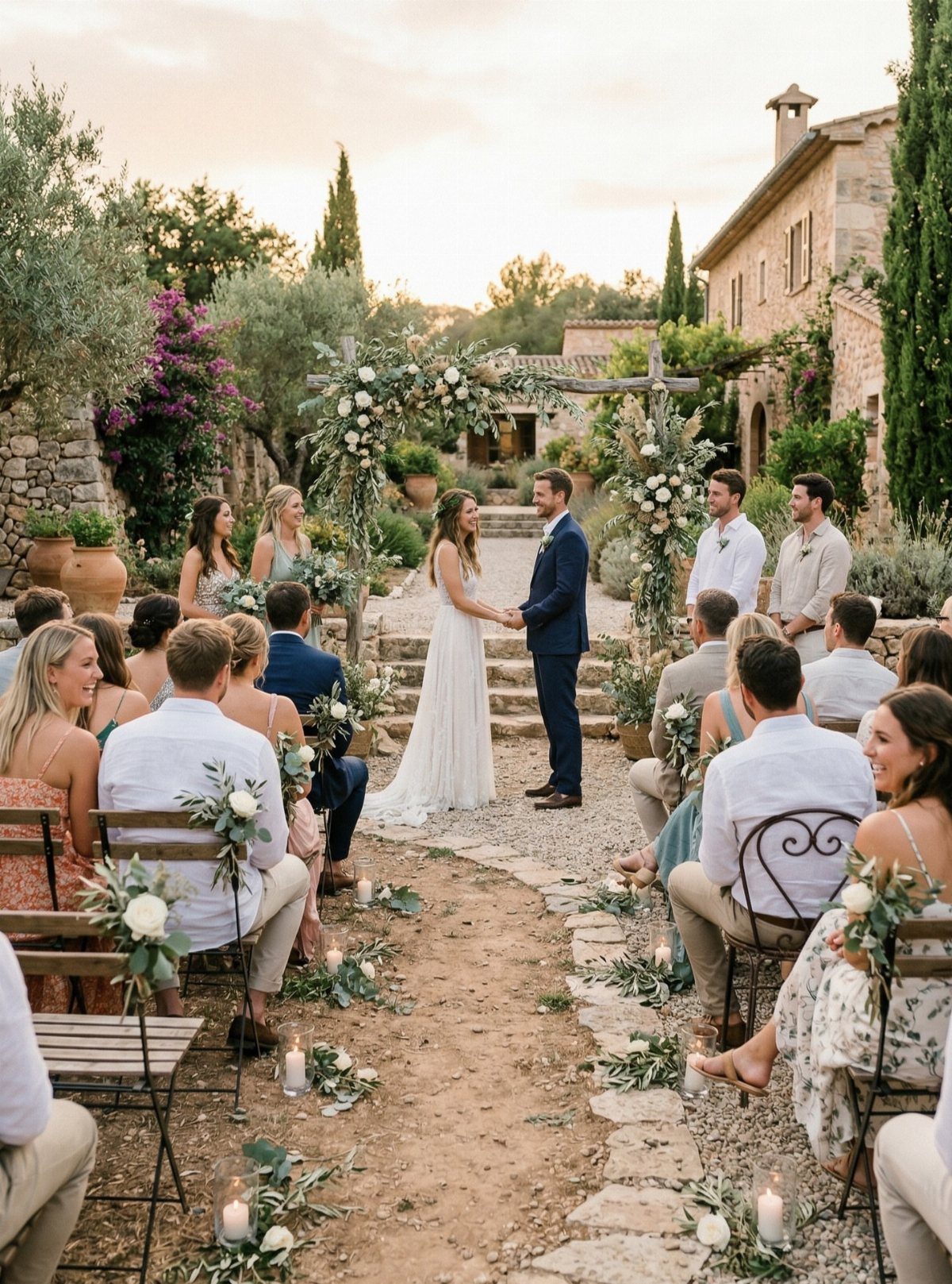 Bride and groom holding hands during an outdoor ceremony at a rustic venue.