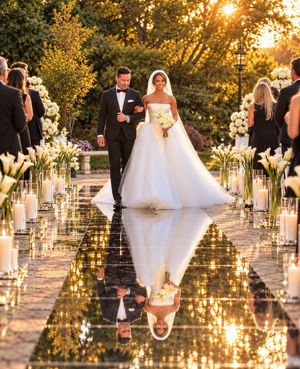 Bride and groom walking down a reflective aisle during their wedding recessional.