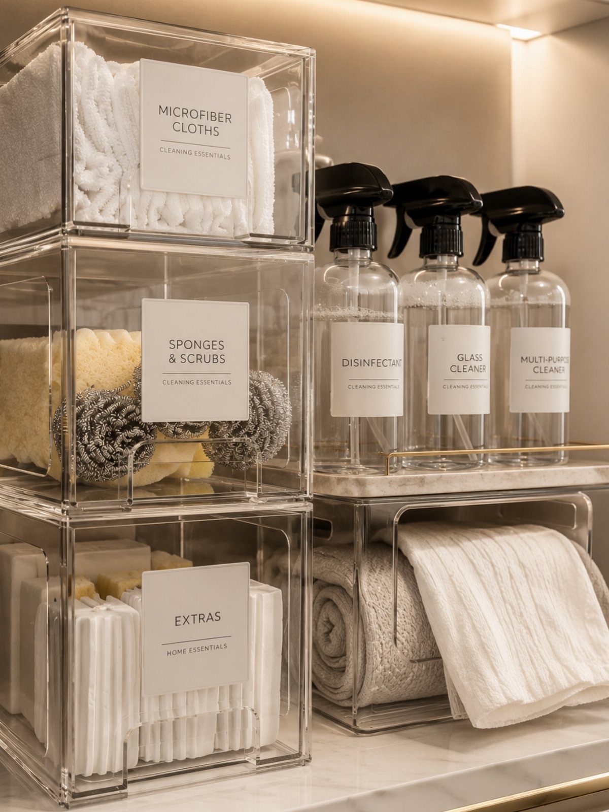 Organized cleaning supplies in clear bins and spray bottles on a white shelf.