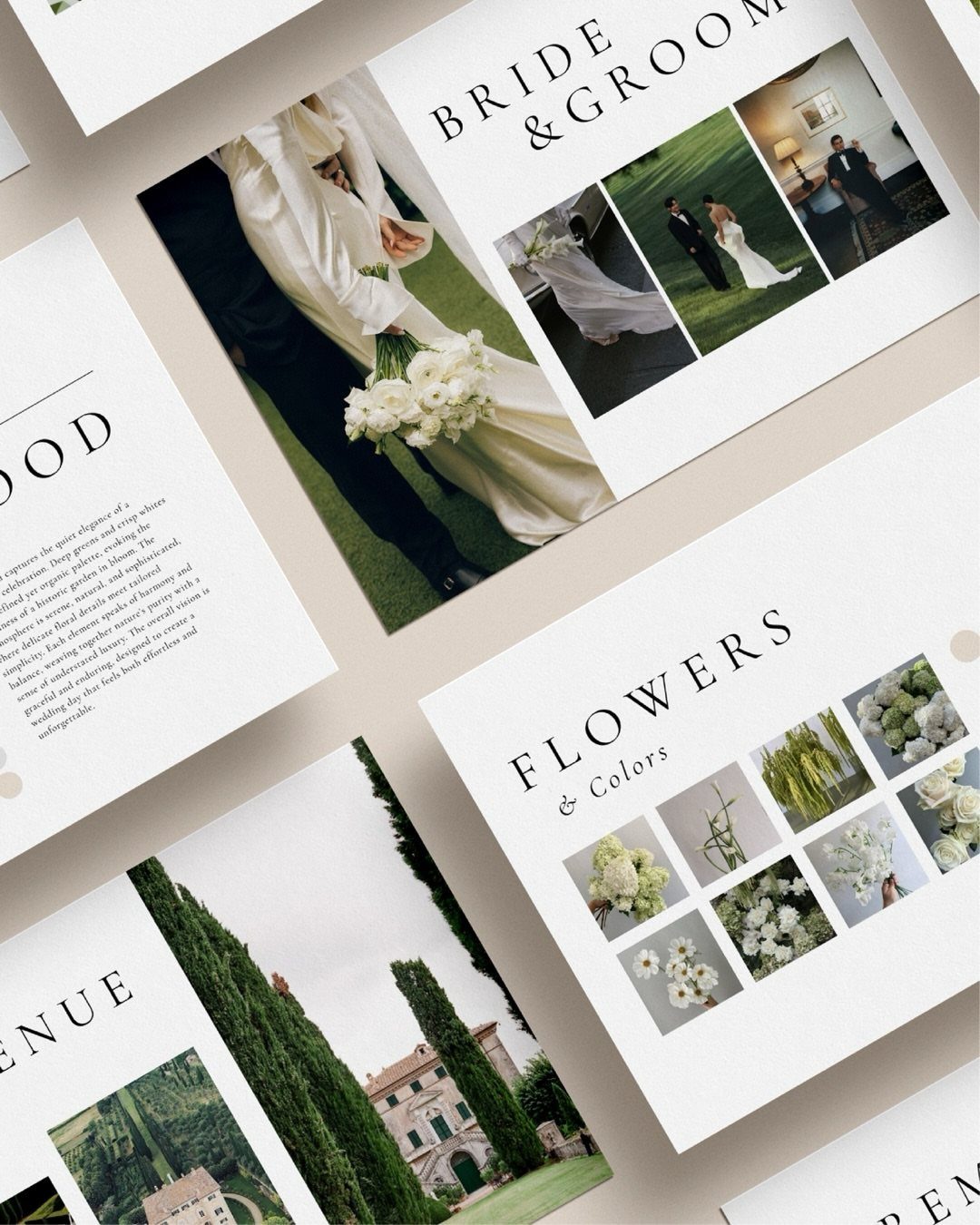 Wedding vision moodboard pages with photos of a couple, flowers, and a venue.