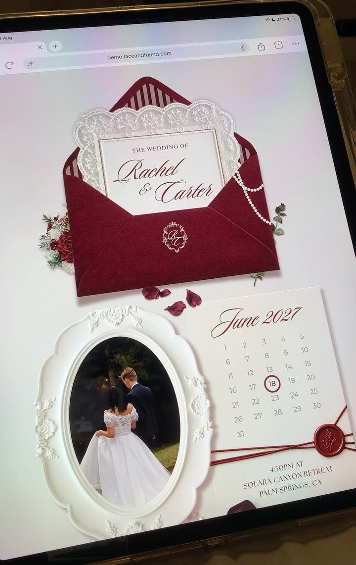 Wedding website on a tablet featuring a burgundy invitation and a couple's photo.