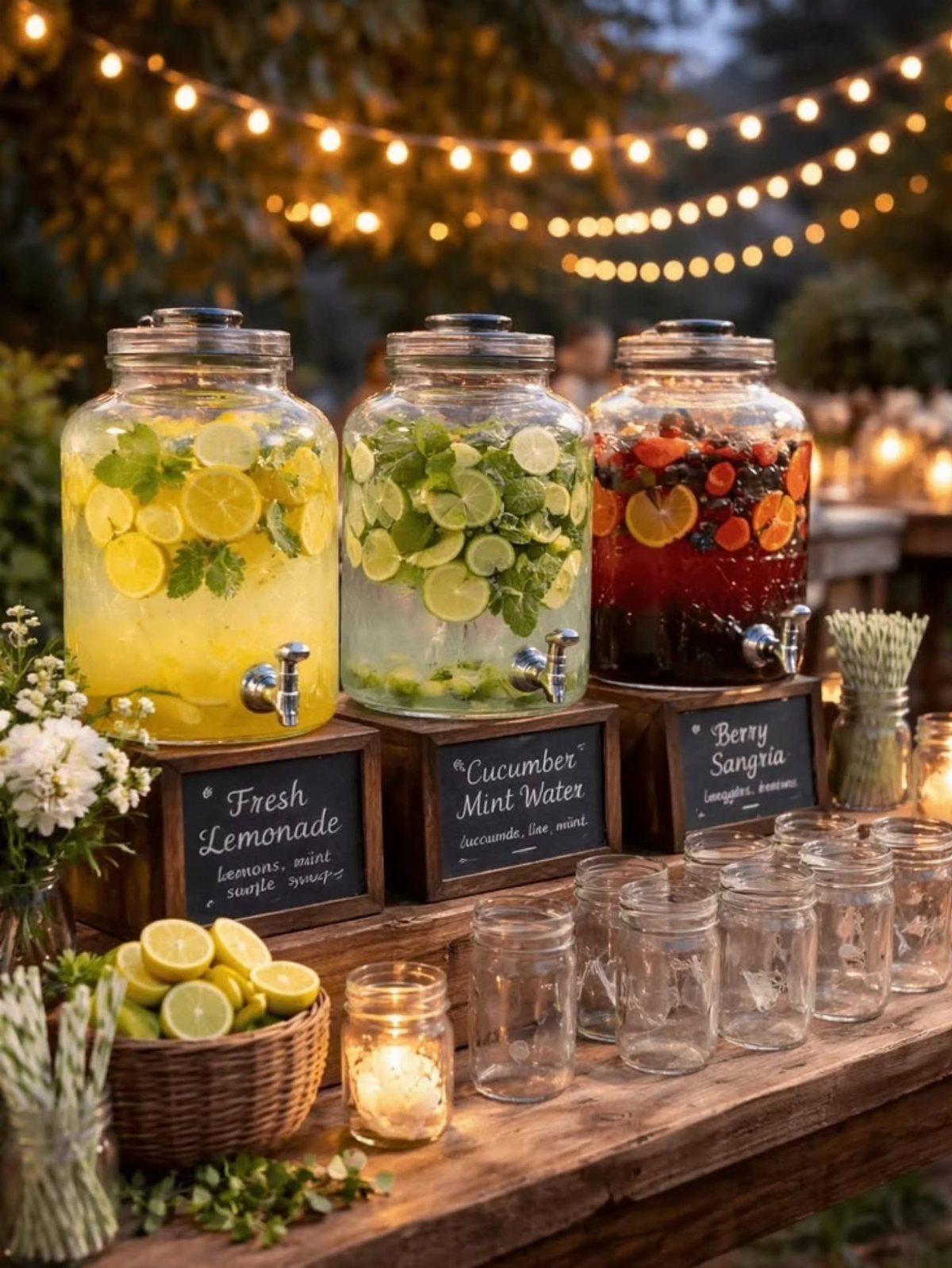 Three glass drink dispensers with fruit and herbs on a rustic wooden table.