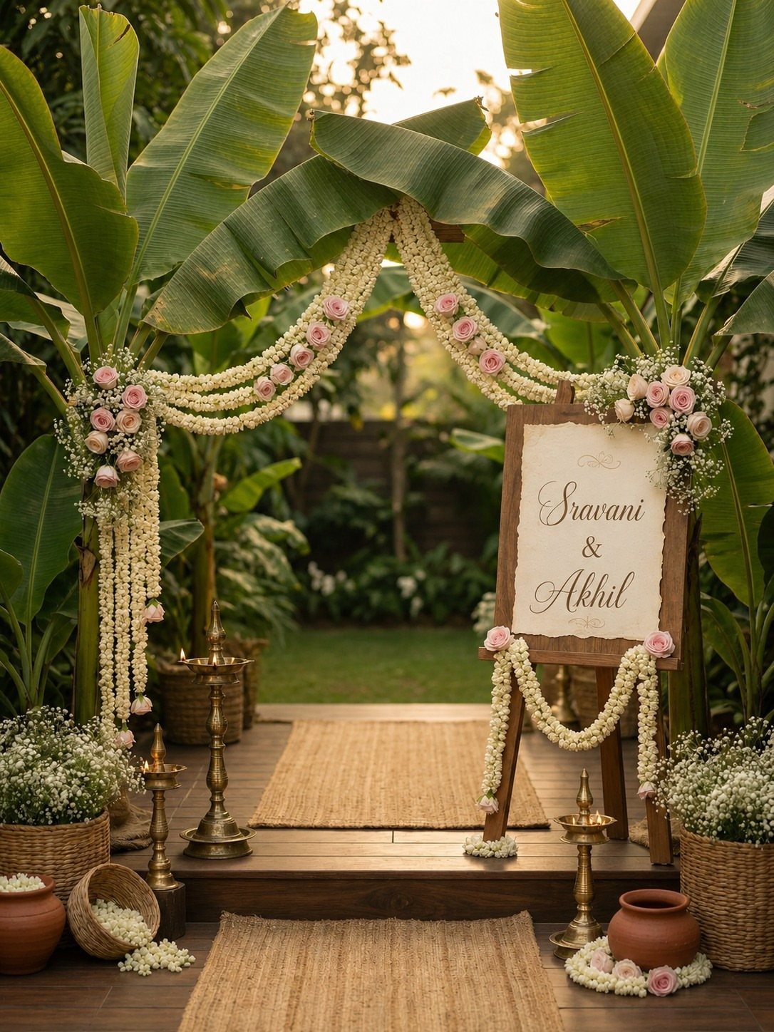 Wedding entrance decorated with banana leaves, floral garlands, and a wooden welcome sign.