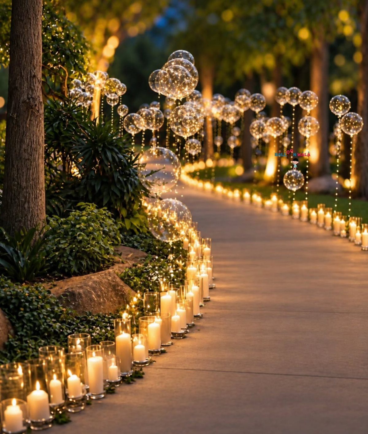 White candles in glass cylinders lining a paved garden path with floating balloons.