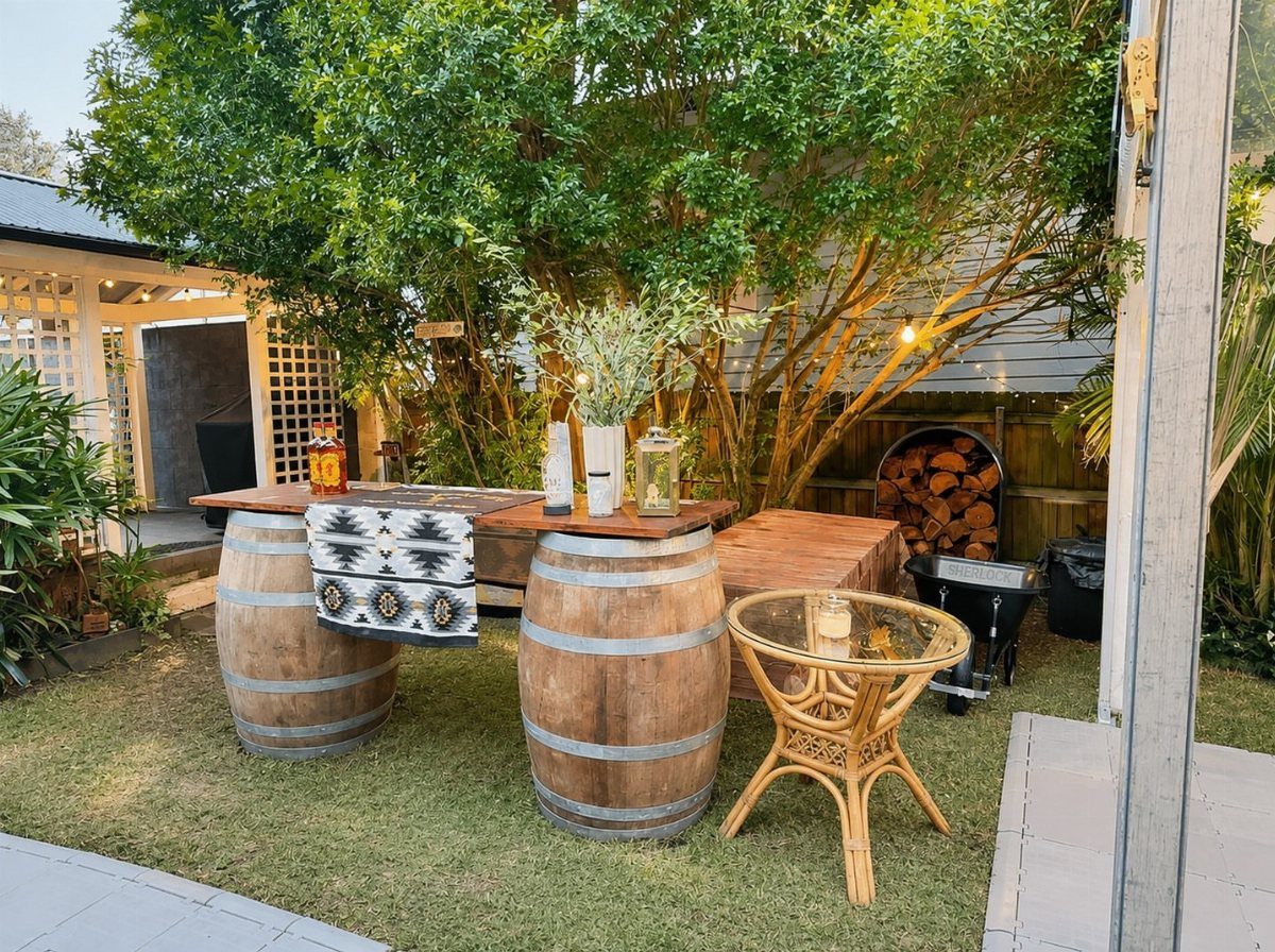 Wooden wine barrels supporting a rustic wooden slab table in a garden setting