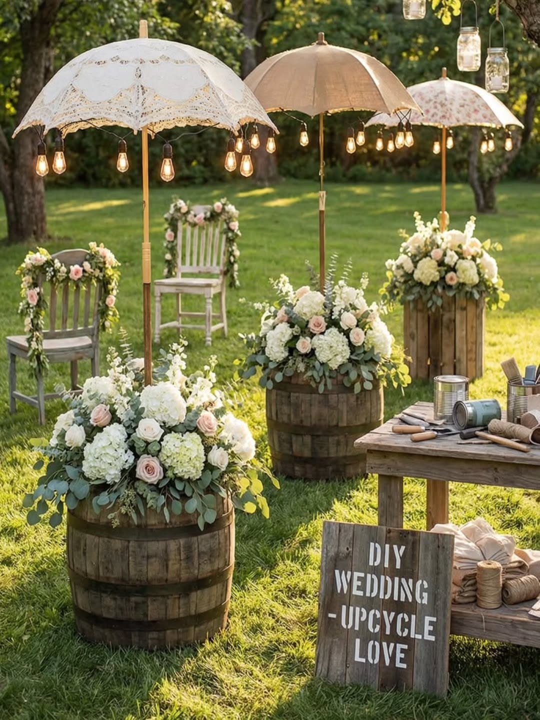 Wooden barrels with white flowers and lace parasols in a sunny garden setting.