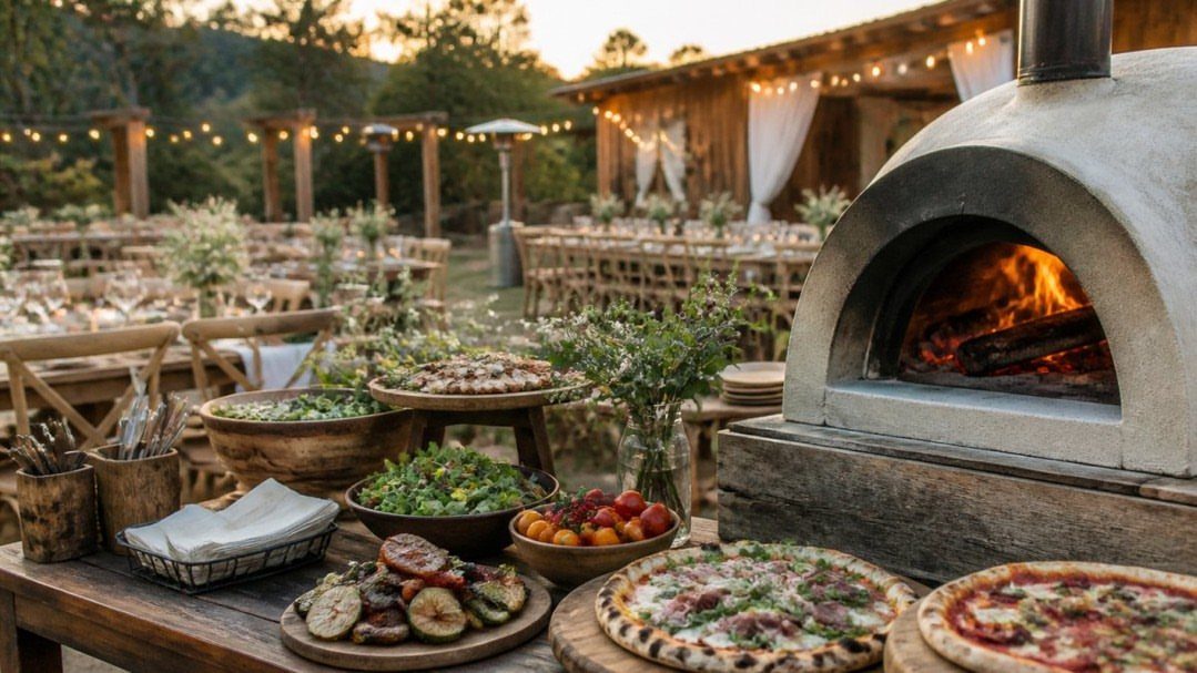 Fresh pizzas and salads on a wooden table next to a stone oven.