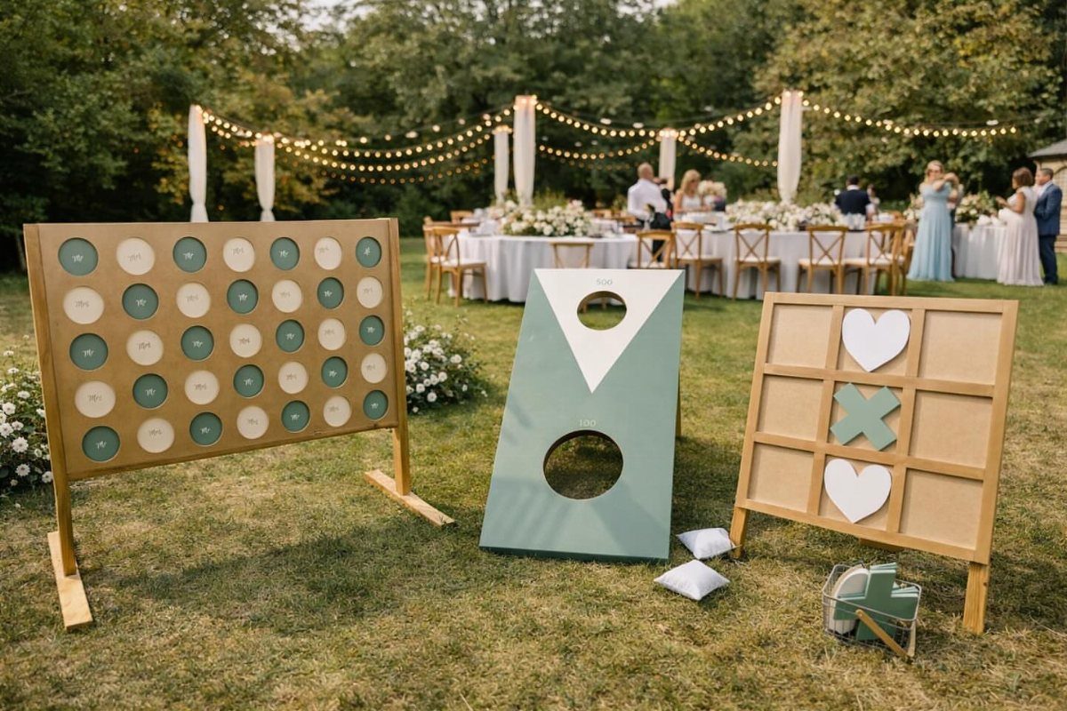 Wooden lawn games on a grassy field with wedding guests and lights behind.