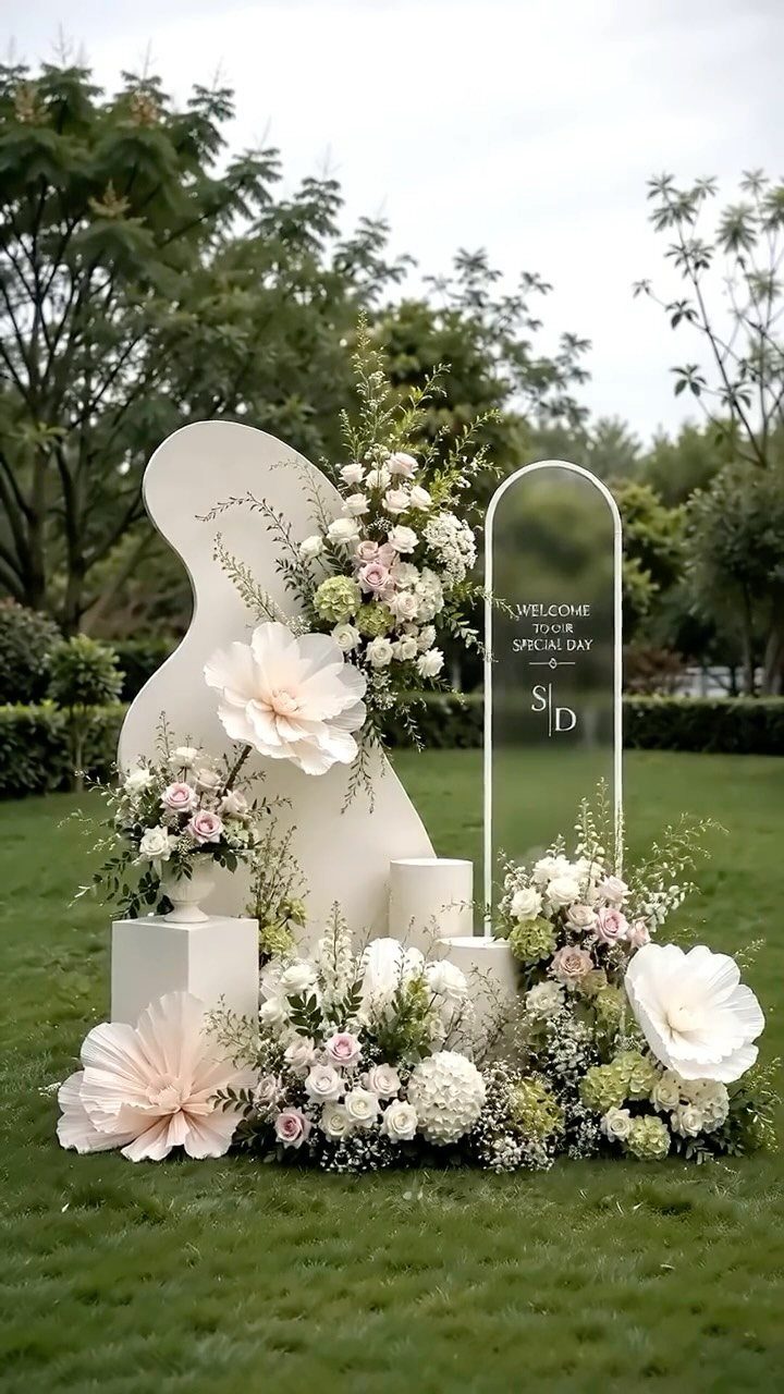 Floral wedding backdrop with white curved panels, acrylic sign, and lush flower arrangements.