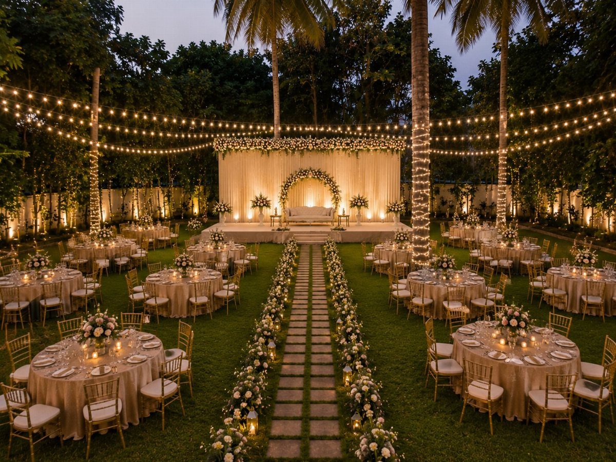 Outdoor wedding reception with strings of warm hanging lights over dinner tables.