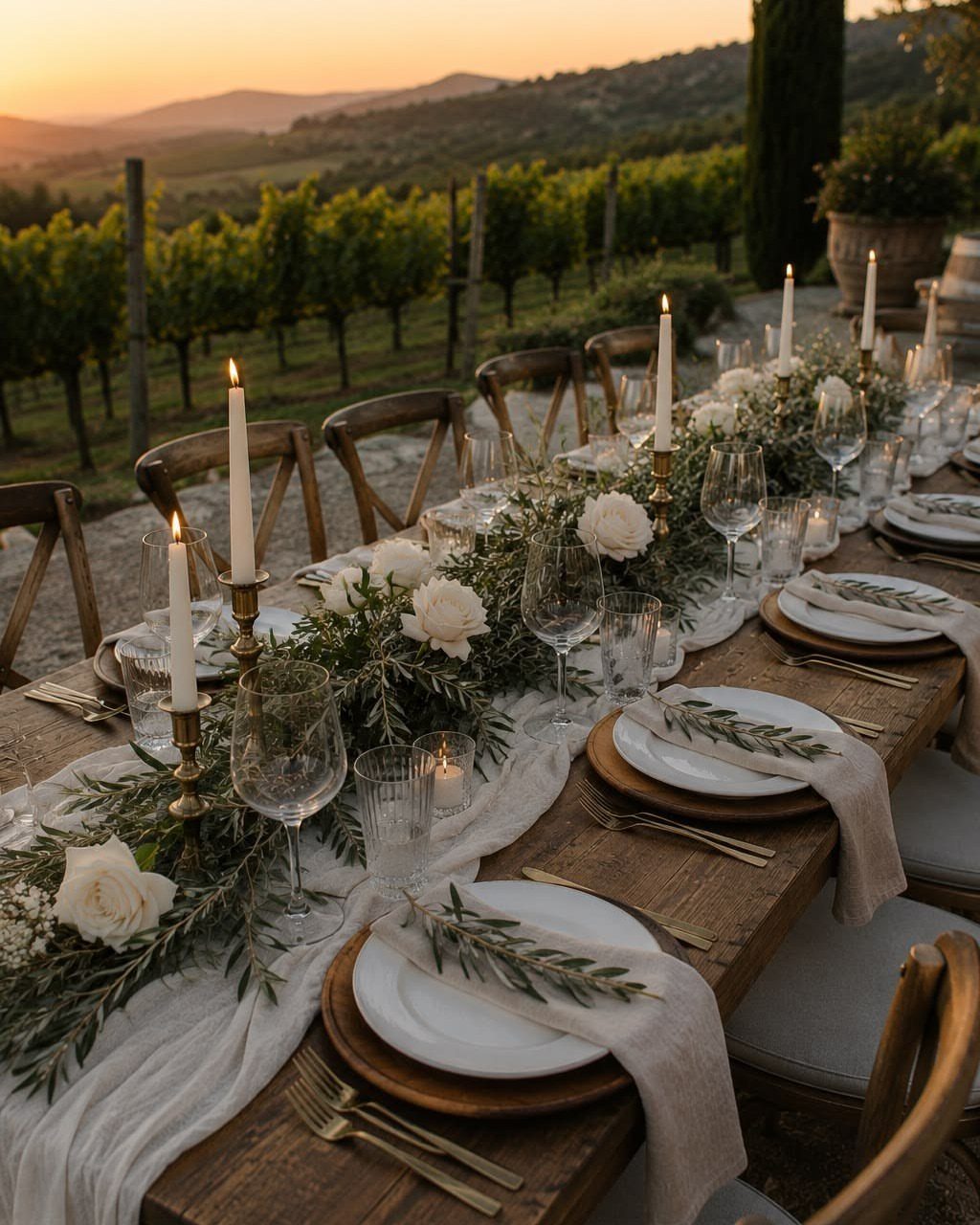 Rustic wooden dining table set with white roses and candles in a vineyard