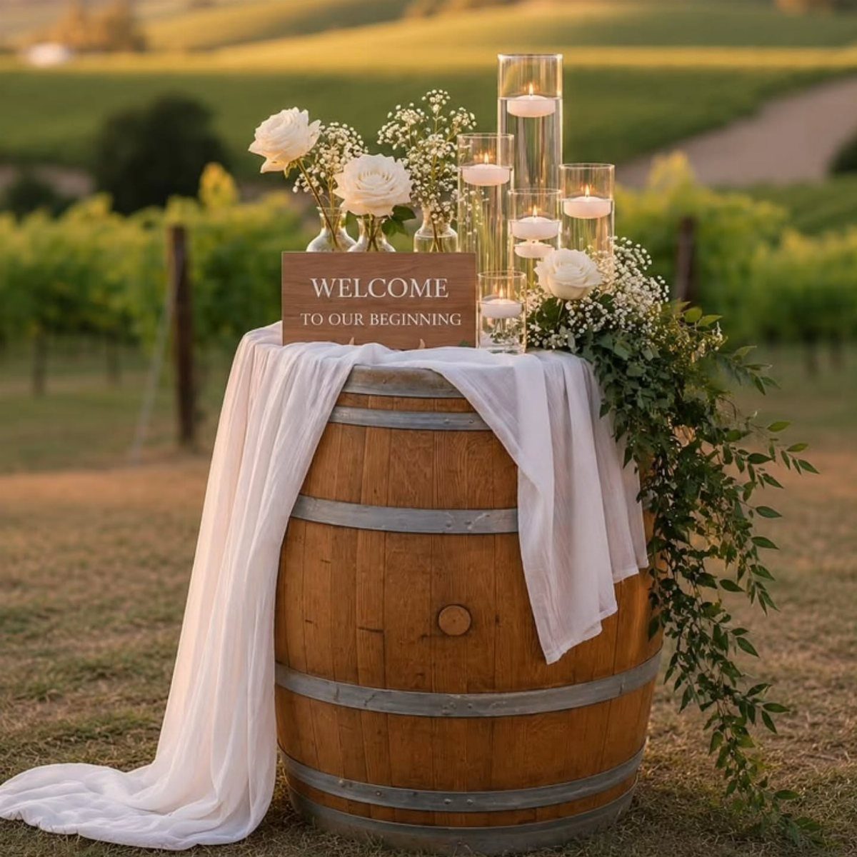 Wooden wine barrel welcome table with white flowers and candles in a vineyard