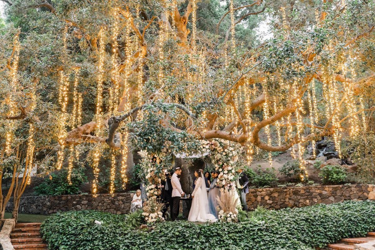 Wedding ceremony under a large tree with hanging fairy lights and floral arch.