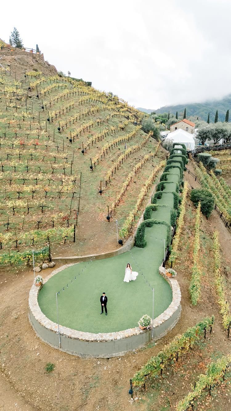 Bride and groom standing on a circular green lawn overlooking hillside vineyards.