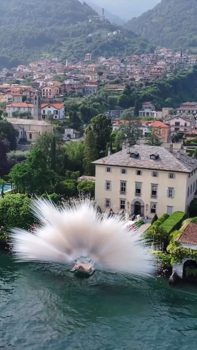 White flower-shaped fountain in a lake before a cream villa and hillside town.