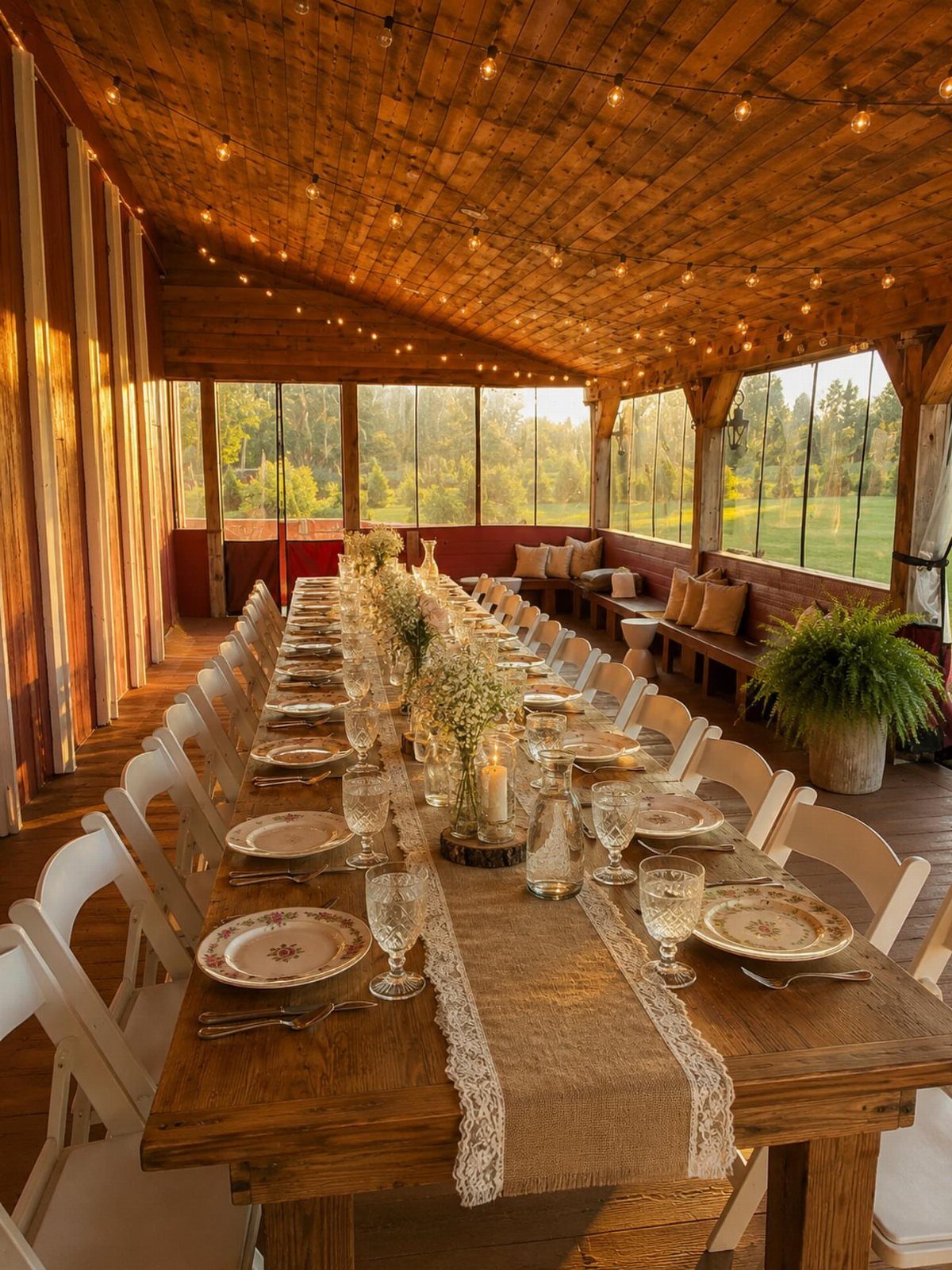Long wooden dining table with burlap runner and white chairs in rustic pavilion
