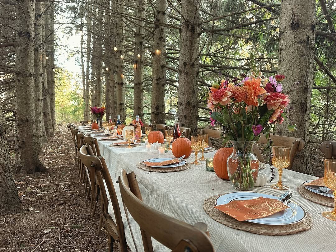 Long dining table with autumn decor set among tall pine trees in a forest.