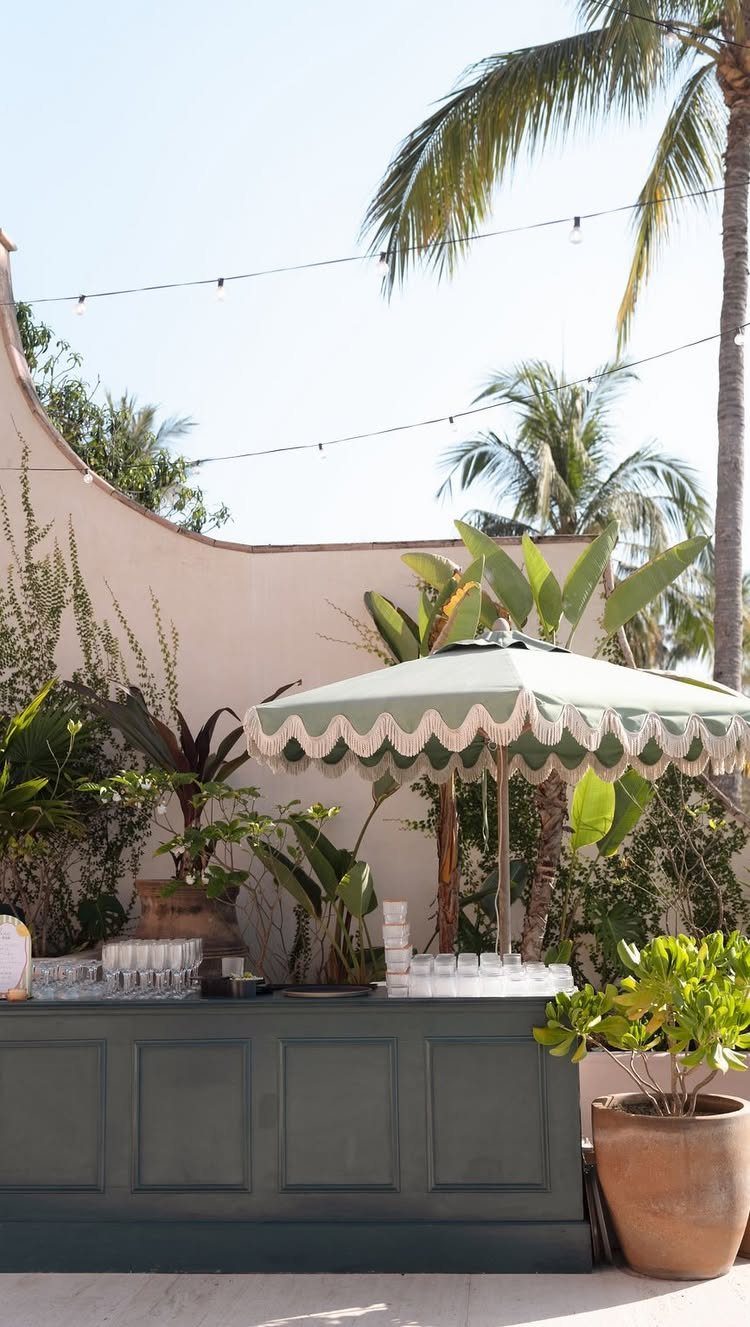 Outdoor bar with a green umbrella and tropical plants under palm trees.