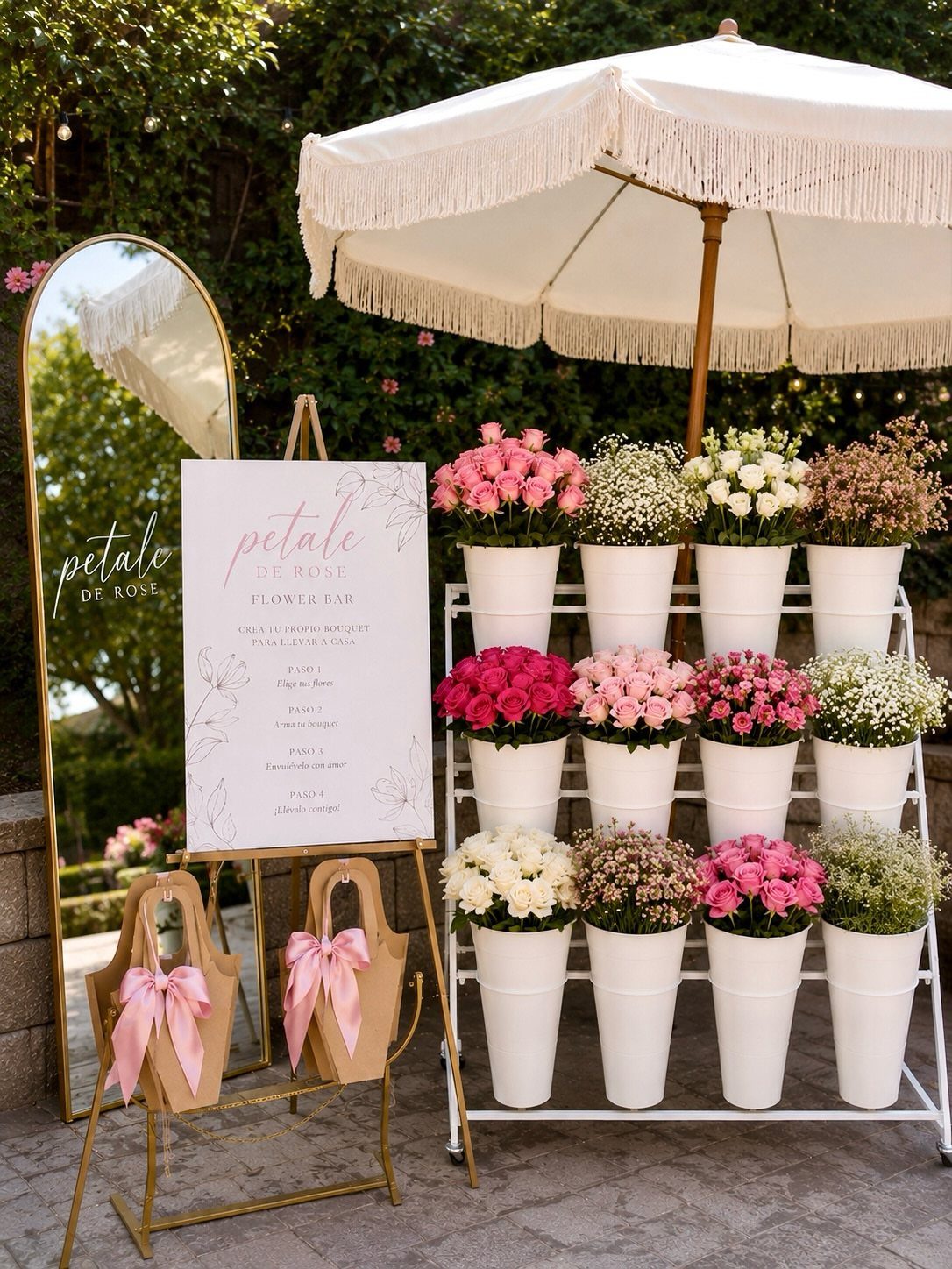 Flower bar station with buckets of colorful blooms under a white fringed umbrella.