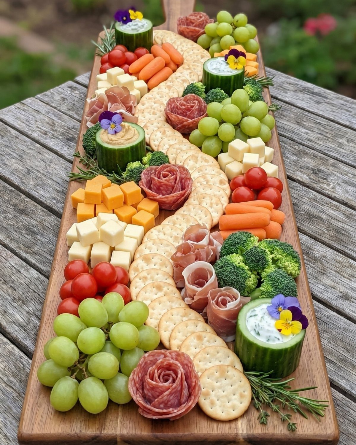 Grazing platter on a wooden board with cheeses, fruits, vegetables, and crackers.