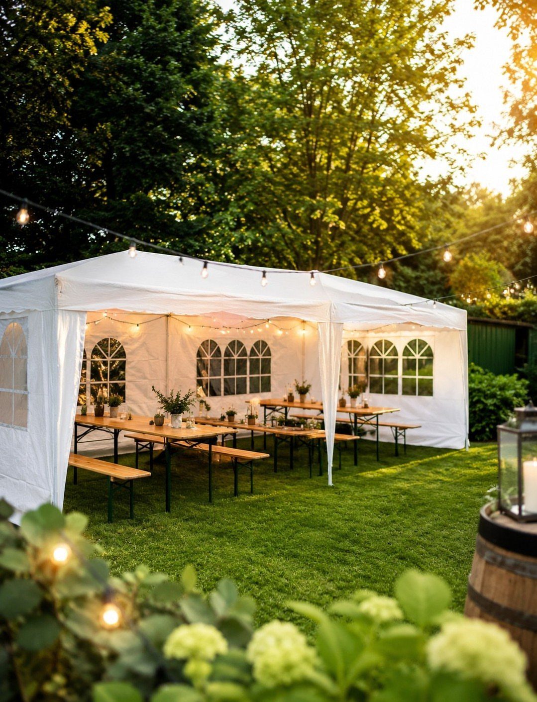 White event tent with wooden tables and benches on a green grassy lawn