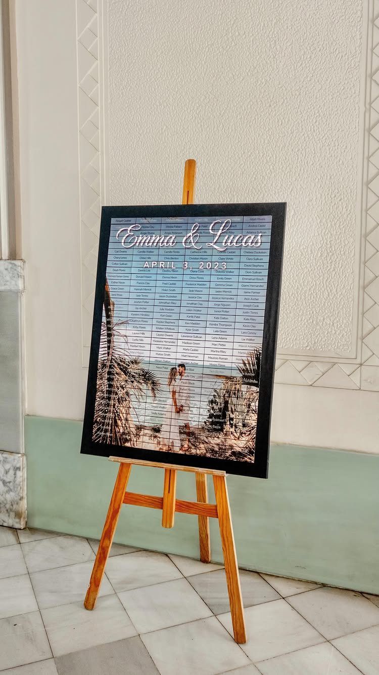 Wedding seating chart on a wooden easel featuring a couple's photo and names.