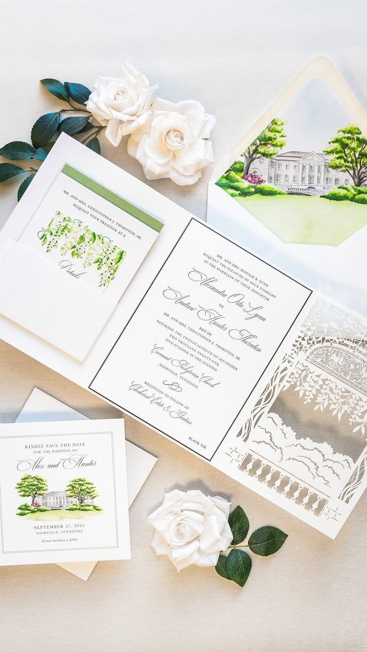 Wedding invitation suite with elegant script, watercolor art, and white roses.