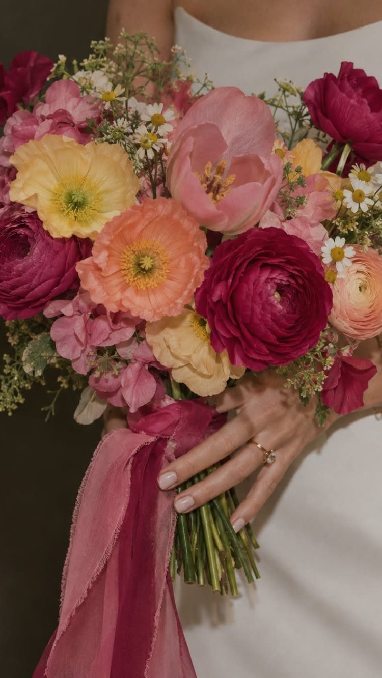 Colorful wedding bouquet with pink and yellow flowers held by a bride.