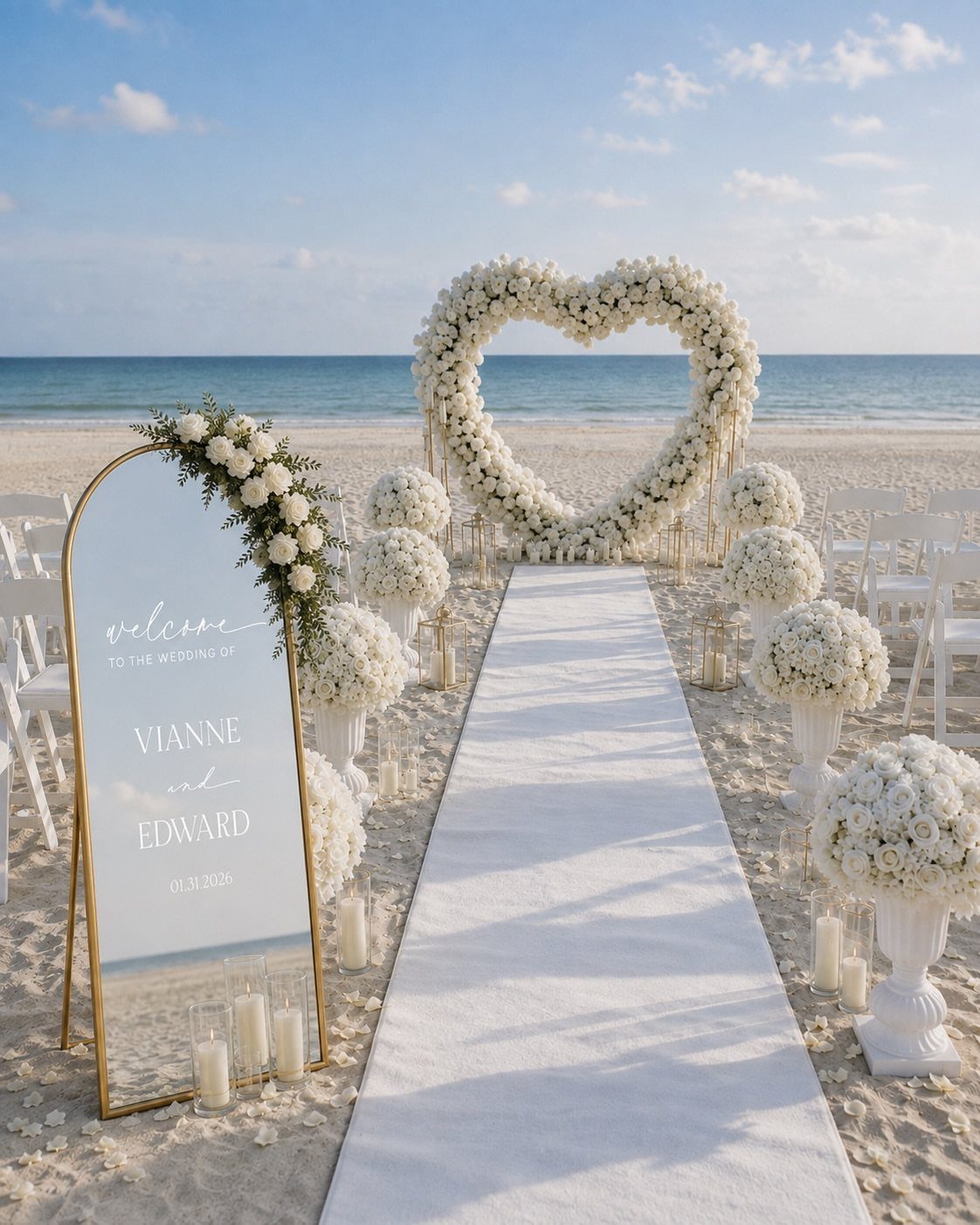 Heart-shaped white floral arch and white aisle runner on a sandy beach.