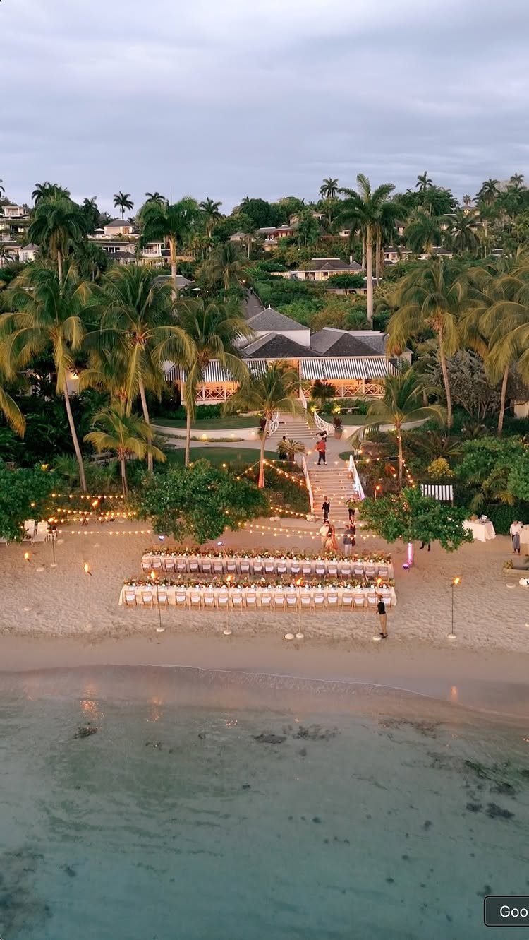 Beach wedding ceremony setup with white chairs and string lights among palm trees.