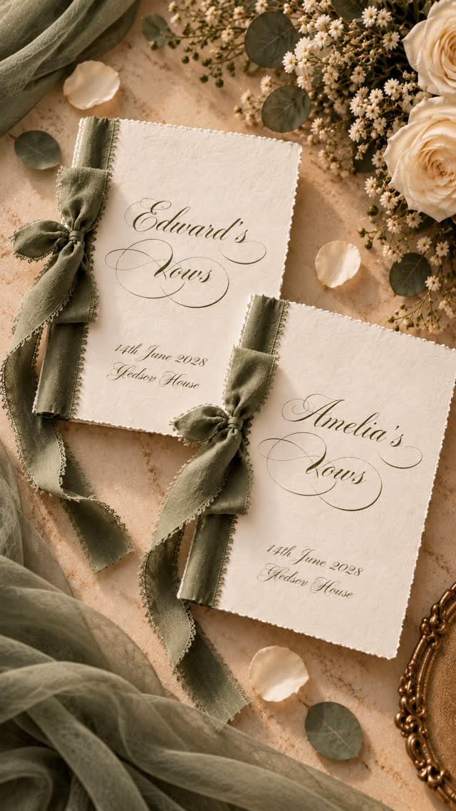 Two personalized wedding vow booklets tied with green ribbons among white flowers.