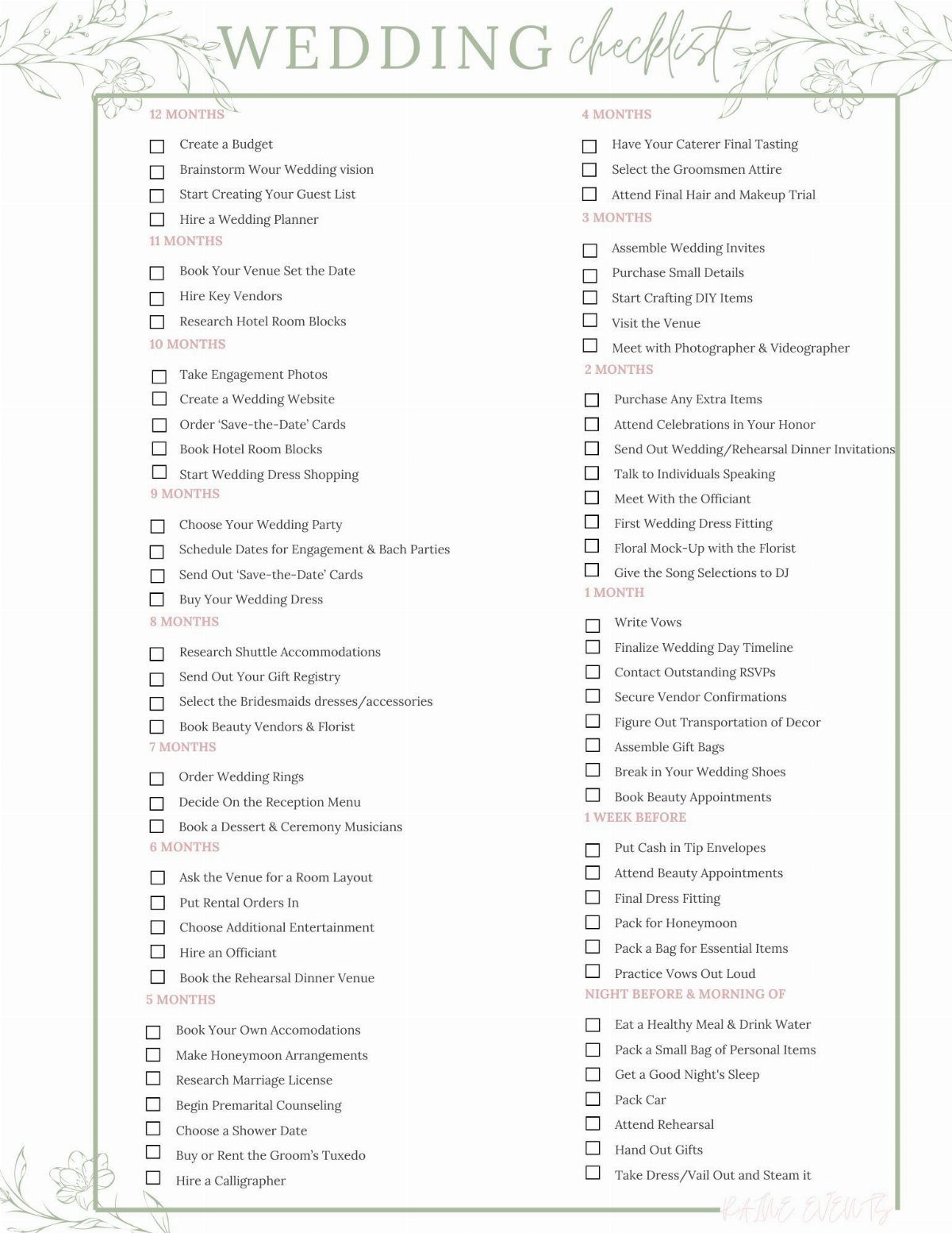 Wedding checklist printable with floral accents and organized task lists for planning.