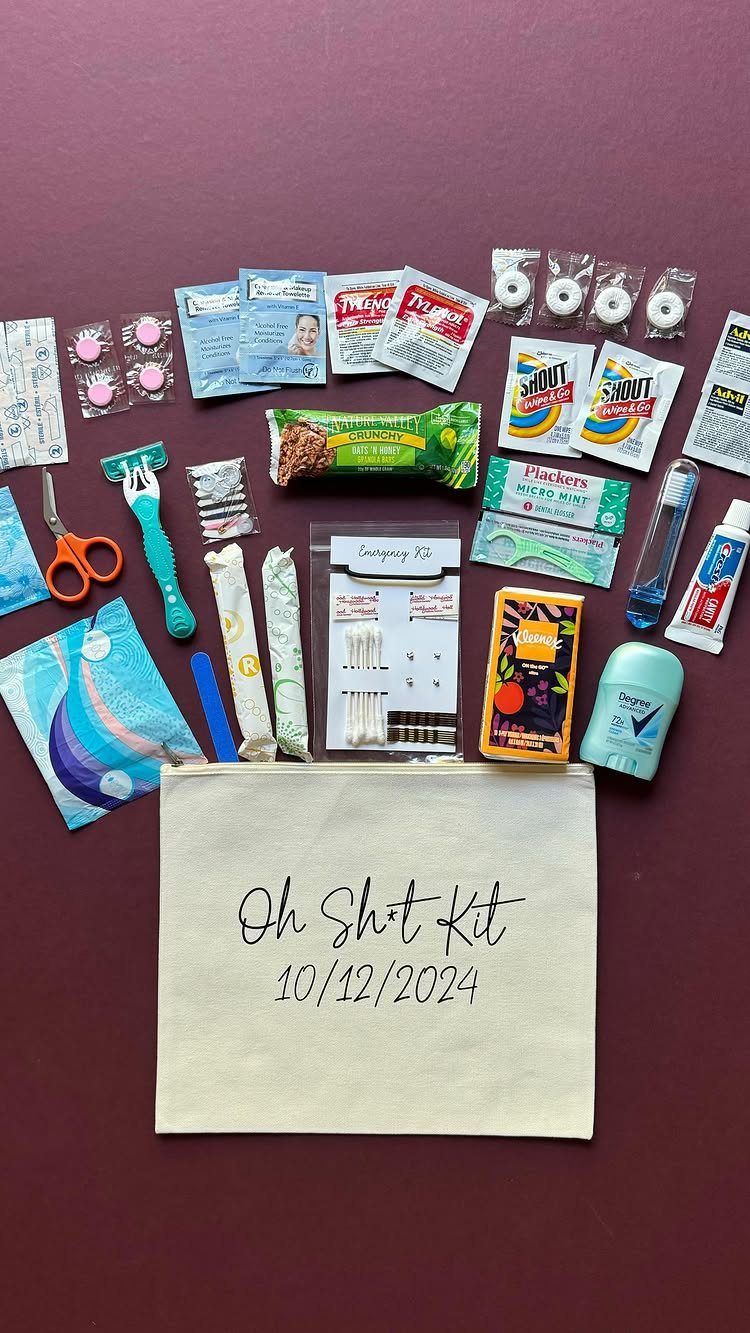 Emergency kit items and a canvas bag arranged on a maroon background.