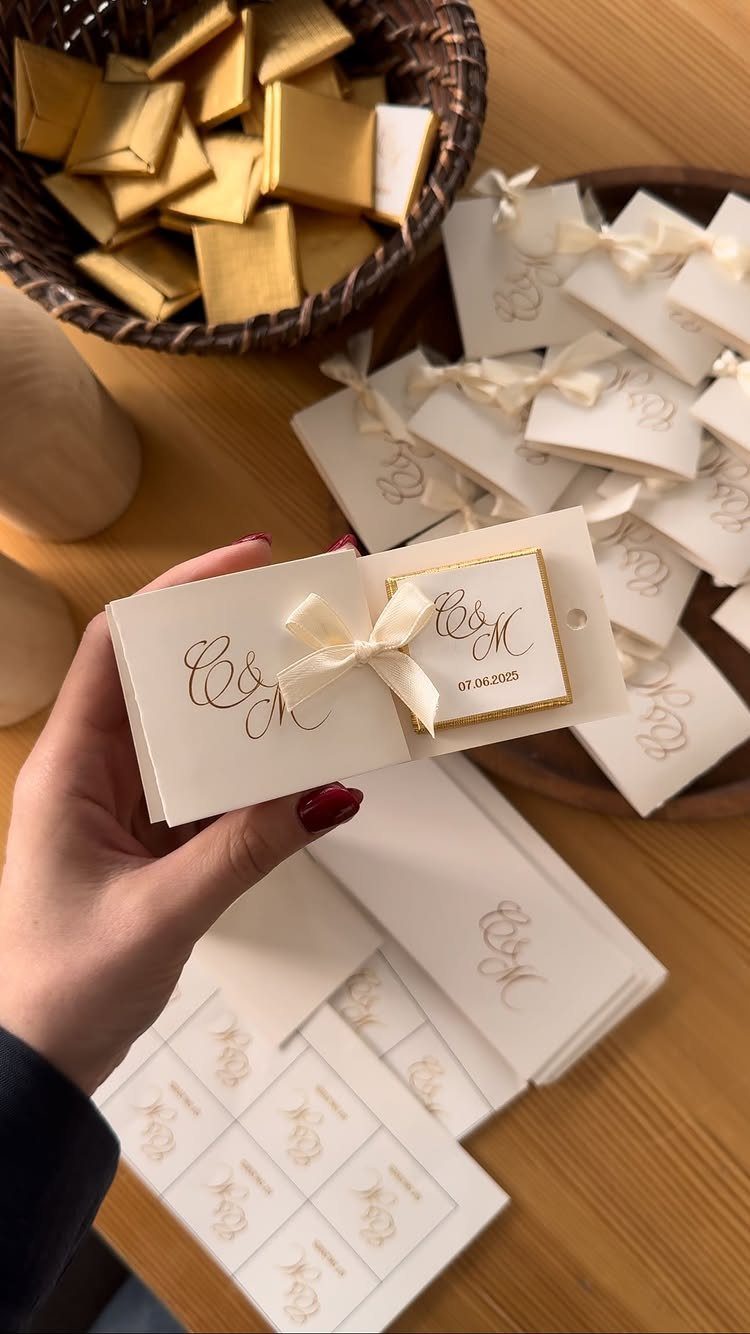 Small gold-wrapped chocolate wedding favors tied with cream ribbons on white calligraphy cards.