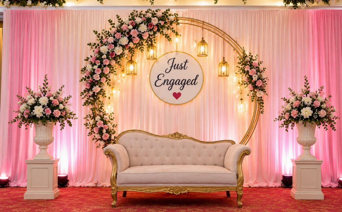 Engagement party stage with a white sofa, floral gold arch, and Just Engaged sign.