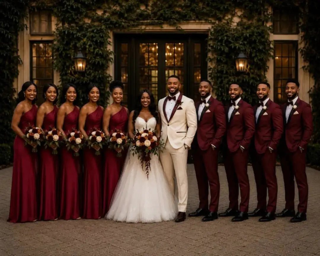 Wedding party posing outdoors with bride in white and attendants in burgundy attire.