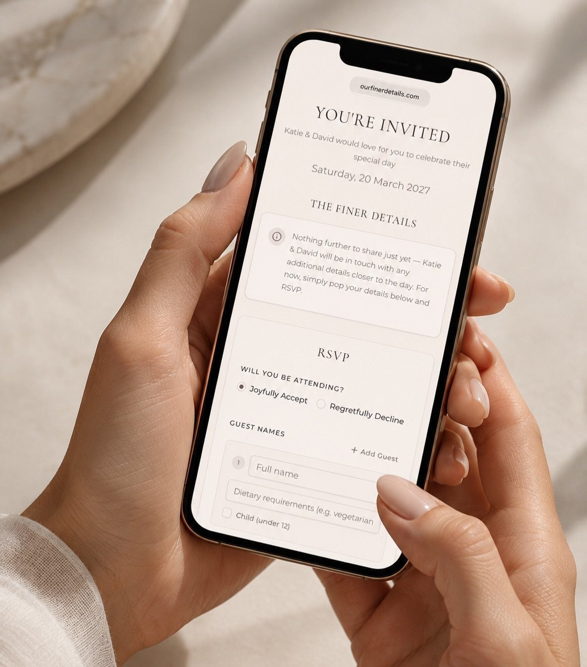 Smartphone screen showing a digital wedding invitation and RSVP guest list form.