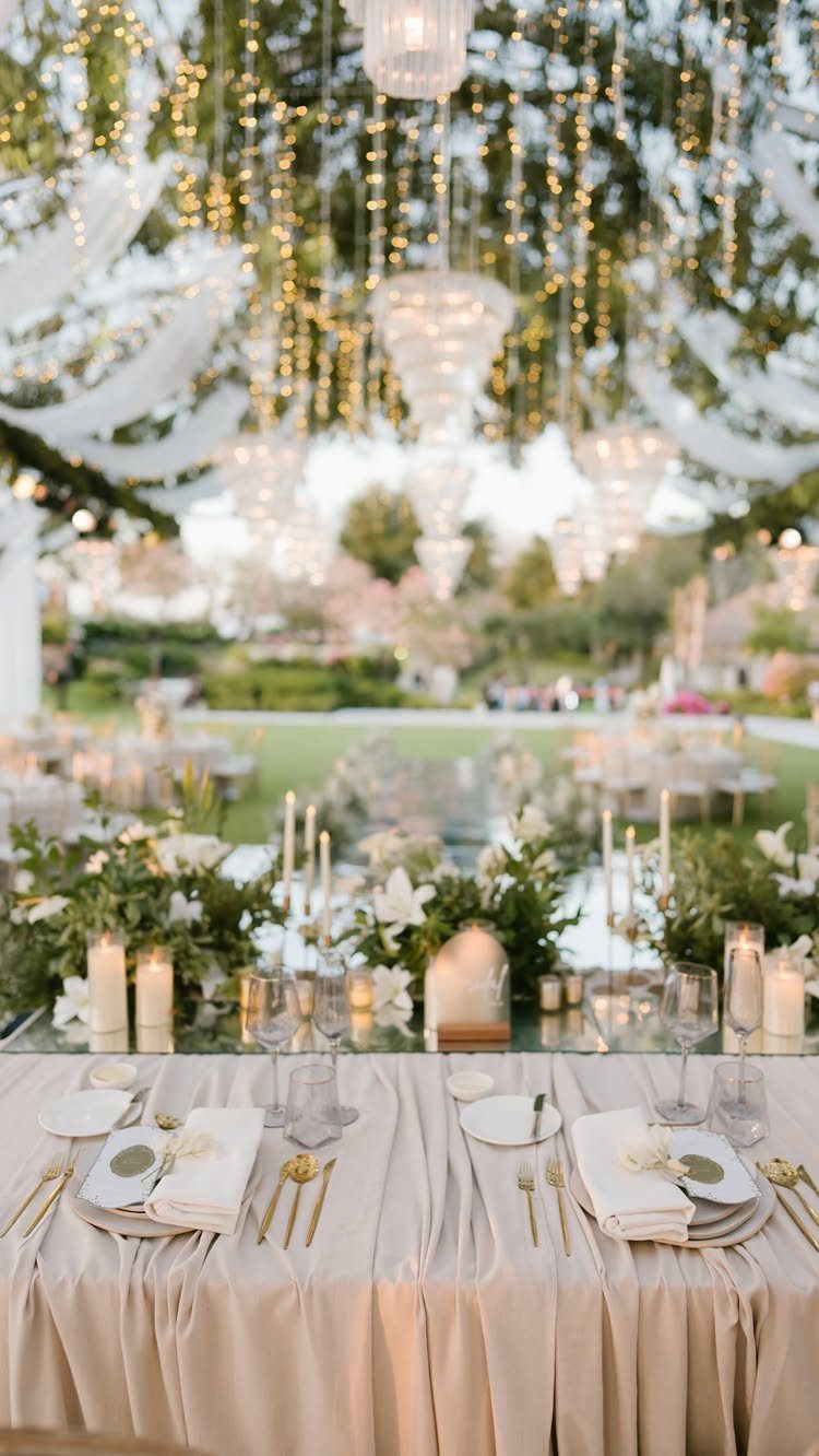 Elegant outdoor wedding reception table with white flowers, candles, and hanging fairy lights.