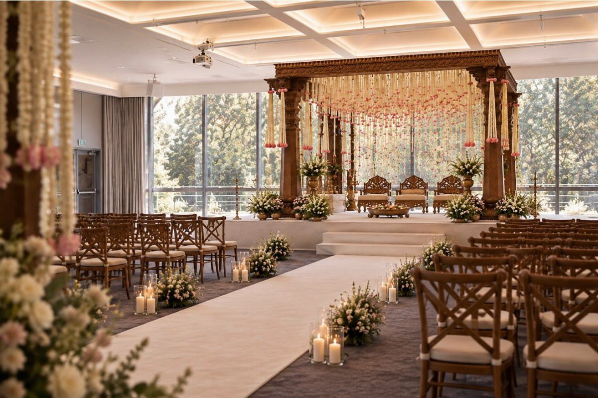 Wooden mandap with floral decorations and white aisle runner in a bright indoor venue.