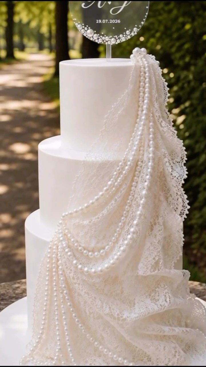 Three-tiered white wedding cake adorned with draped pearls and lace in a park.