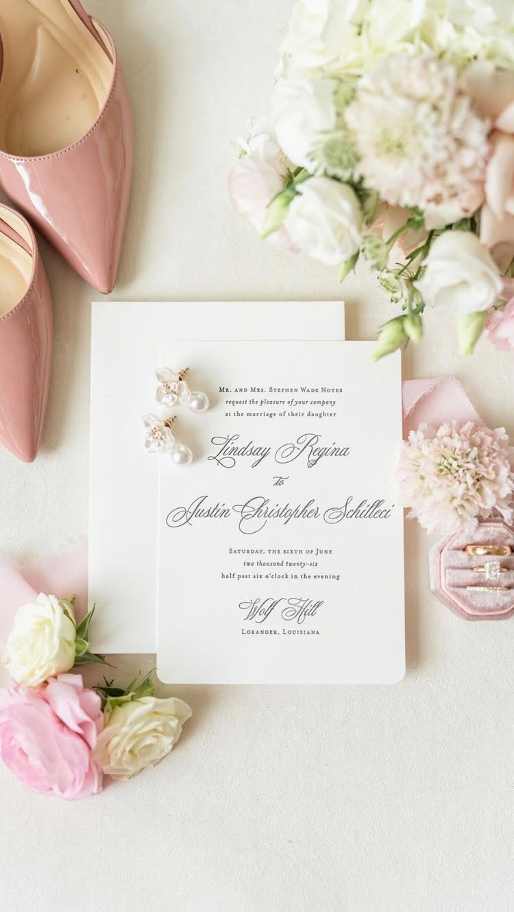 Wedding invitation surrounded by pink heels, white roses, and pearl jewelry on beige background