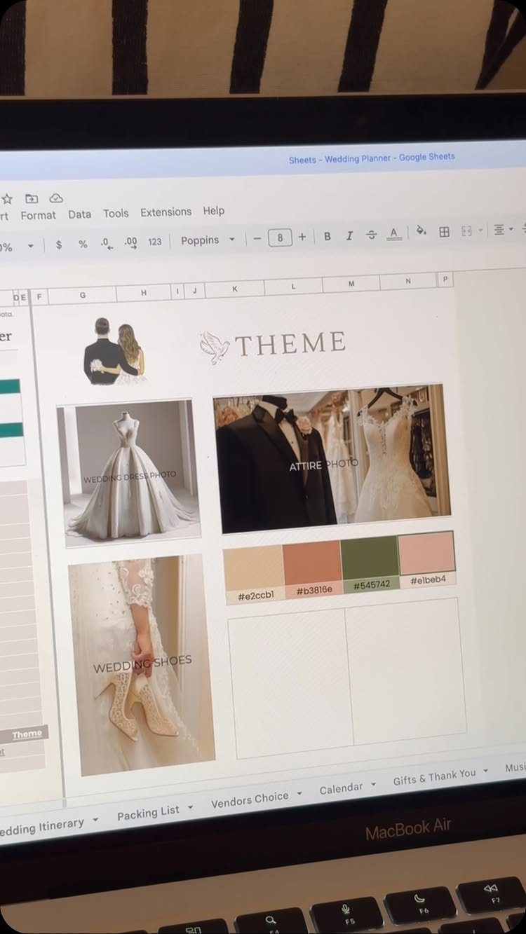 Laptop screen showing a wedding theme mood board within a Google Sheets spreadsheet.