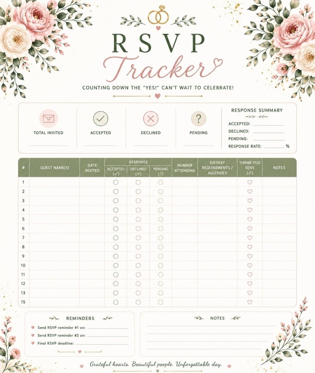 RSVP Tracker worksheet with floral borders and a guest response table for wedding planning.