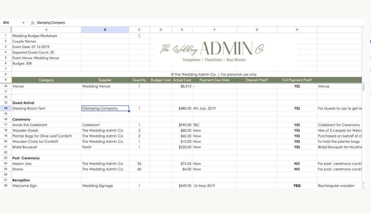 Wedding budget worksheet spreadsheet showing expense categories, suppliers, and actual costs in columns.