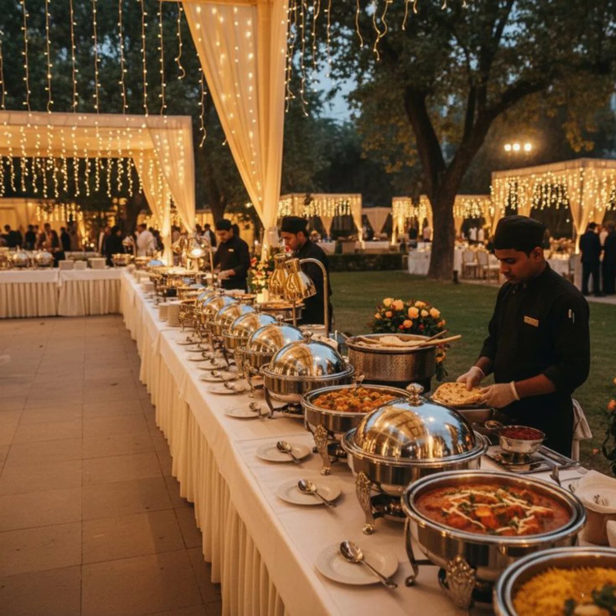 Buffet table with silver chafing dishes and chefs at an outdoor wedding reception.