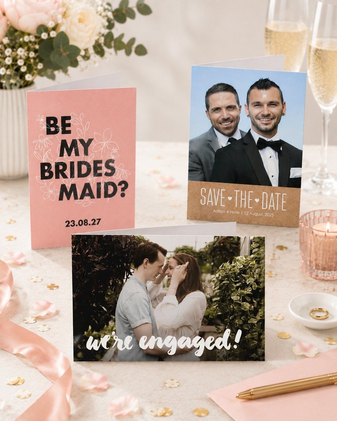 Wedding stationery including a save the date card and bridesmaid proposal card on a table.