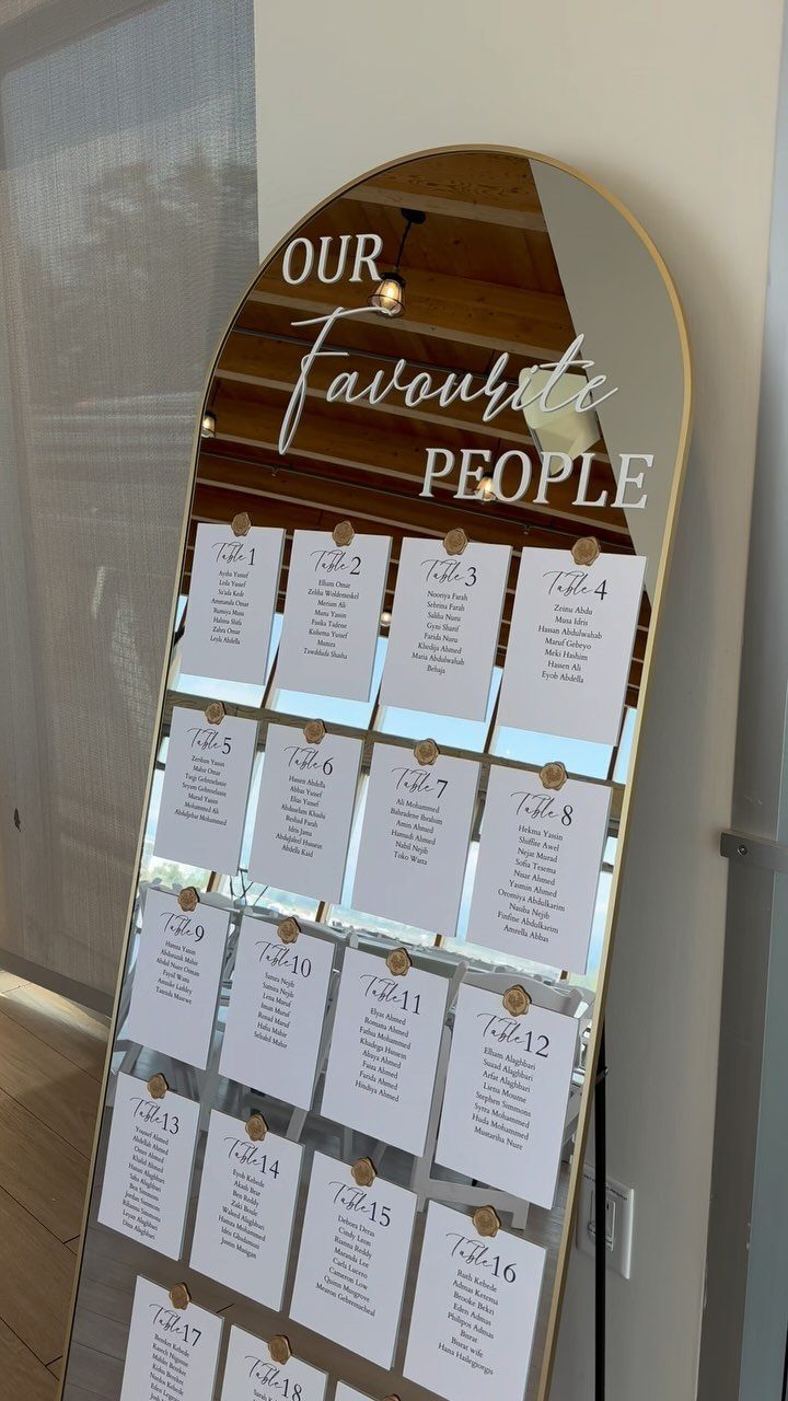 Arched gold mirror seating chart with white guest list cards and white script lettering