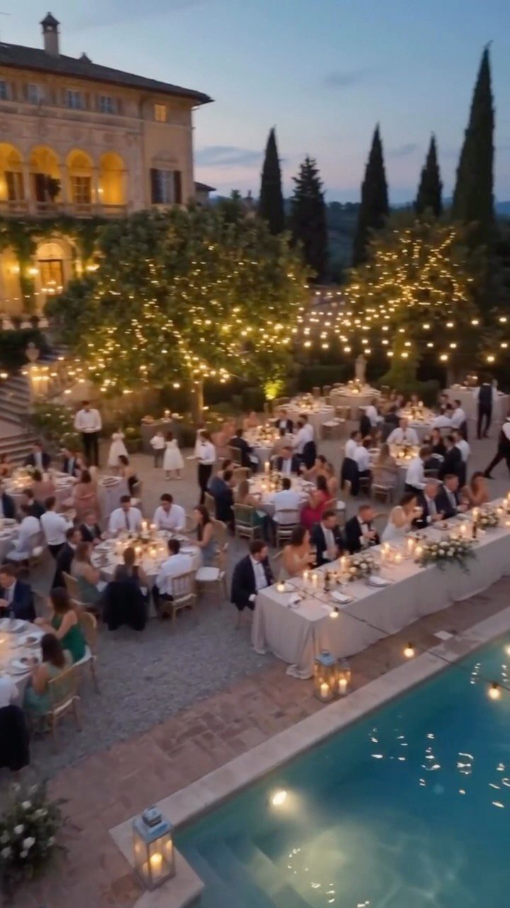 Outdoor wedding reception at a Tuscan villa with fairy lights and a pool