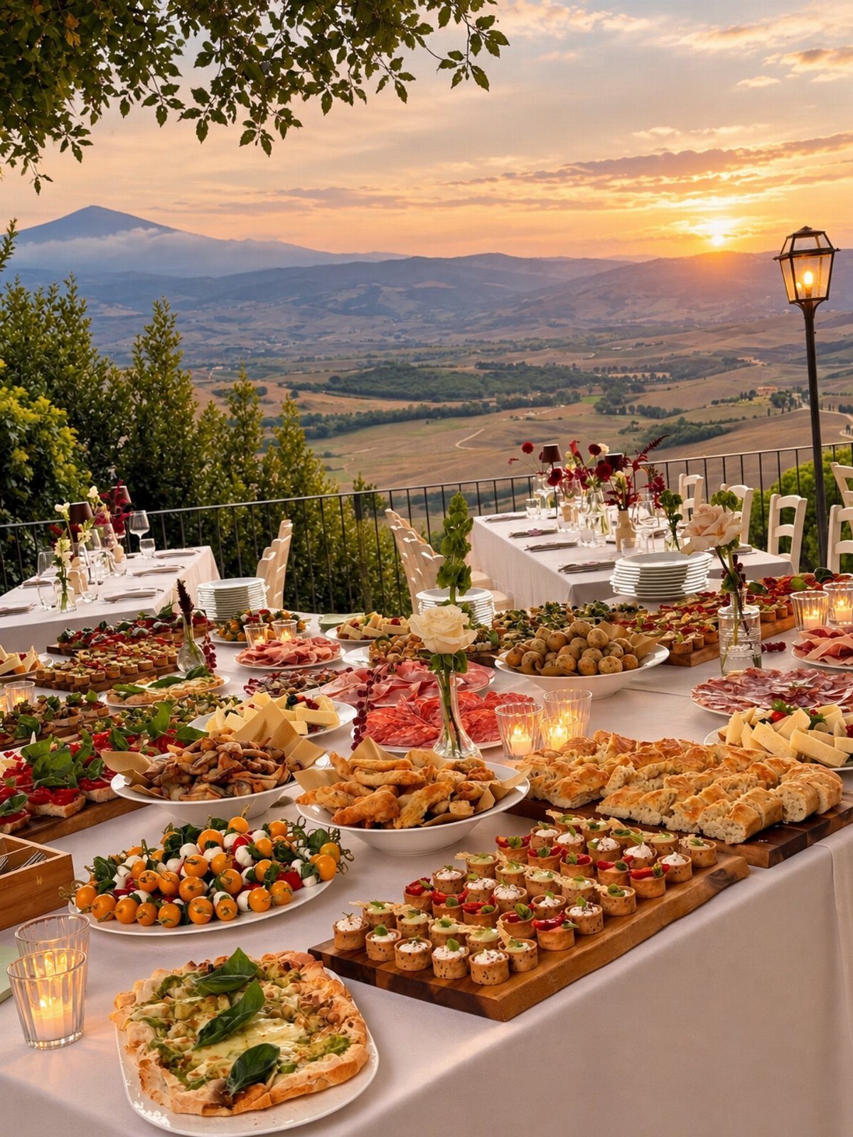 Buffet of Tuscan appetizers on a white table overlooking a sunset valley landscape.